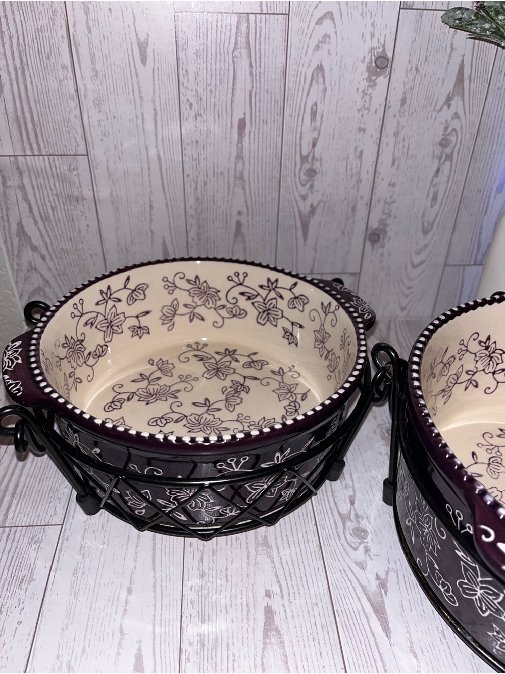 Temptations Purple and Cream Floral Ceramic Bowl with Black Metal Stand